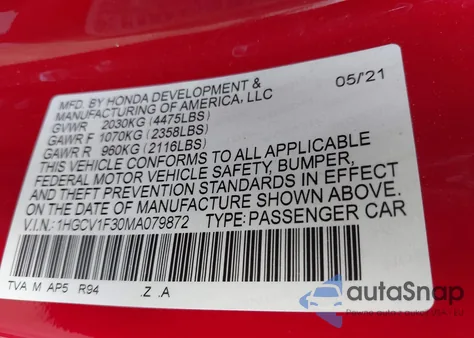 2021 Honda Accord Sport из США, поврежденный, VIN 1HGCV1F30MA079872